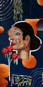 A stylized mixed-media portrait artwork of a woman in profile, rendered with textured brushstrokes and collage-like elements. The composition includes a dark navy background, orange and purple forms/shapes, red flowers, green leaves, white curved organic lines, a paintbrush dipped in purple paint, and black hair, with a small artist signature in the lower left corner.