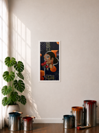 A paper art print with a .5-inch border featuring an abstract portrait of a woman with other art elements like red flowers, orange and purple shapes, white curved organic lines, leaves hanging from white branches, 2 paint brushes with purple paint on it, and a dark navy background. The art piece is displayed hung on a wall in a styled room with a plant, paint cans, and window shadows as well as white linen curtains on the left side of the display.