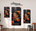 A poster, Poster Print, and a rolled out canvas version of the "Florida Girl" art piece —are displayed side by side on a white wall next to an open window with a curtain on the left-hand side, a plant, paint cans, and the company logo positioned above the display.
