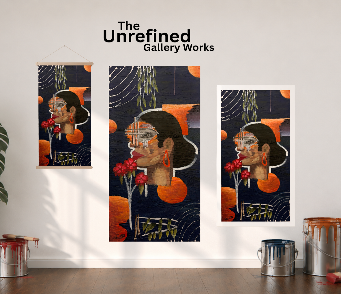 A poster, Poster Print, and a rolled out canvas version of the "Florida Girl" art piece —are displayed side by side on a white wall next to an open window with a curtain on the left-hand side, a plant, paint cans, and the company logo positioned above the display.
