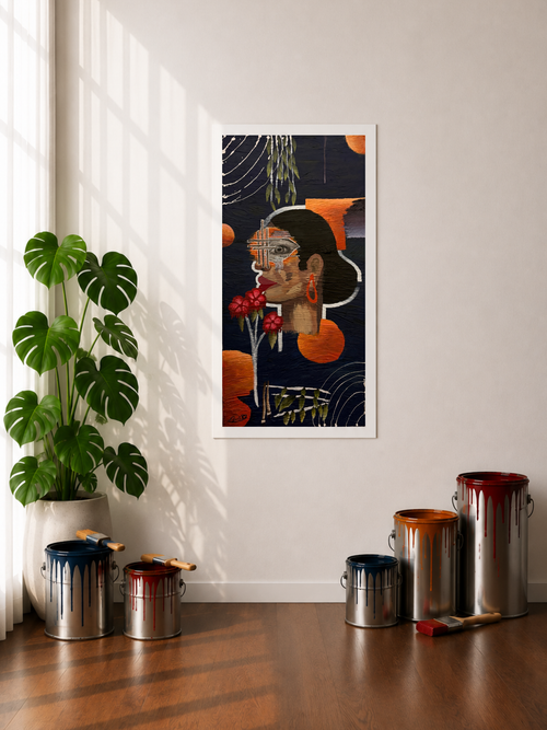 A poster art print with a .5-inch border featuring an abstract portrait of a woman with other art elements like red flowers, orange and purple shapes, white curved organic lines, leaves hanging from white branches, 2 paint brushes with purple paint on it, and a dark navy background. The art piece is displayed hung on a wall in a styled room with a plant, paint cans, and window shadows as well as white linen curtains on the left side of the display.