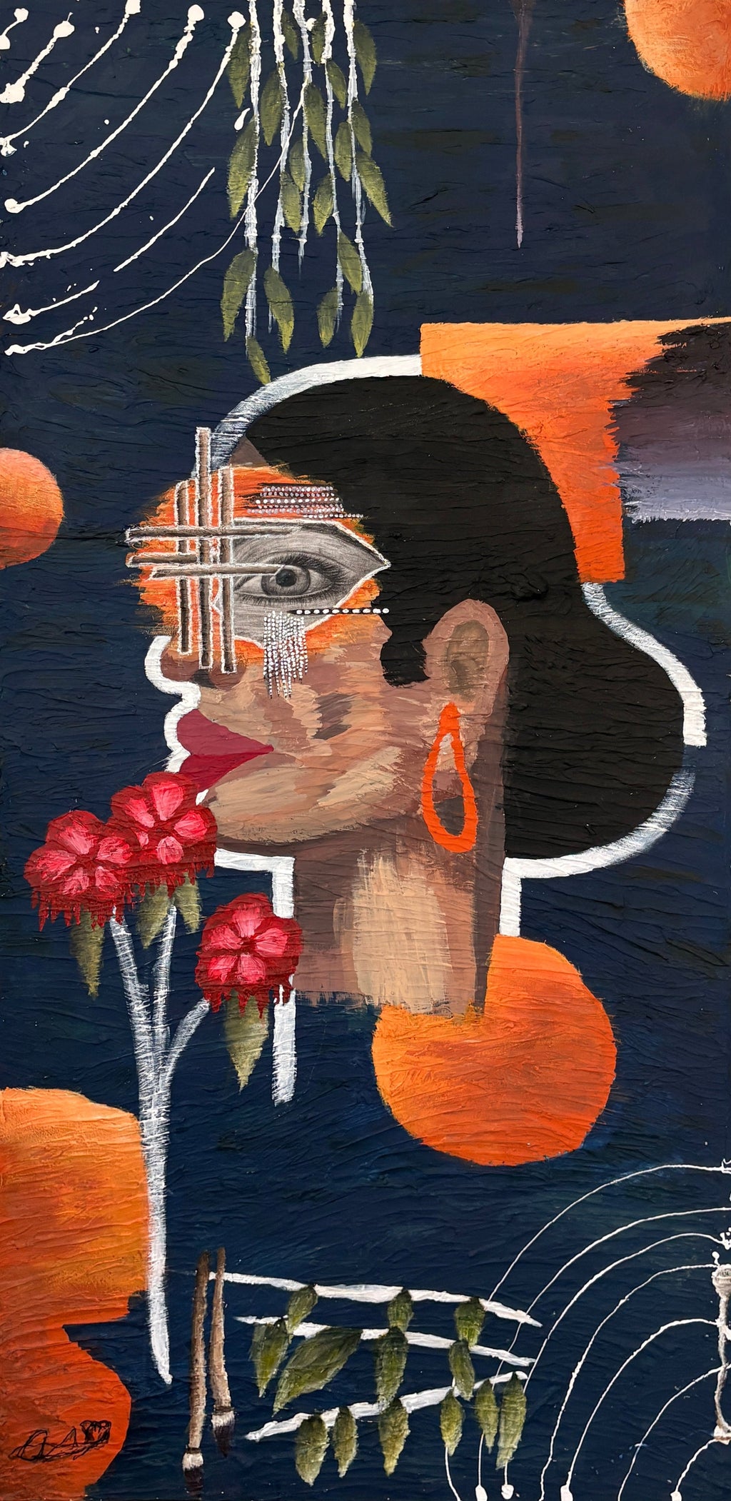 A stylized mixed-media portrait artwork of a woman in profile, rendered with textured brushstrokes and collage-like elements. The composition includes a dark navy background, orange and purple forms/shapes, red flowers, green leaves, white curved organic lines, a paintbrush dipped in purple paint, and black hair, with a small artist signature in the lower left corner.
