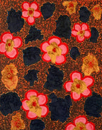 It is printed on Somerset Velvet Fine Art Paper that has a subtle texture. This piece includes abstract multicolored clusters, pop art like flowers with a gold-colored core, a red dot in the middle of the core, and an orange limewash background with abstract line art laying over the background.