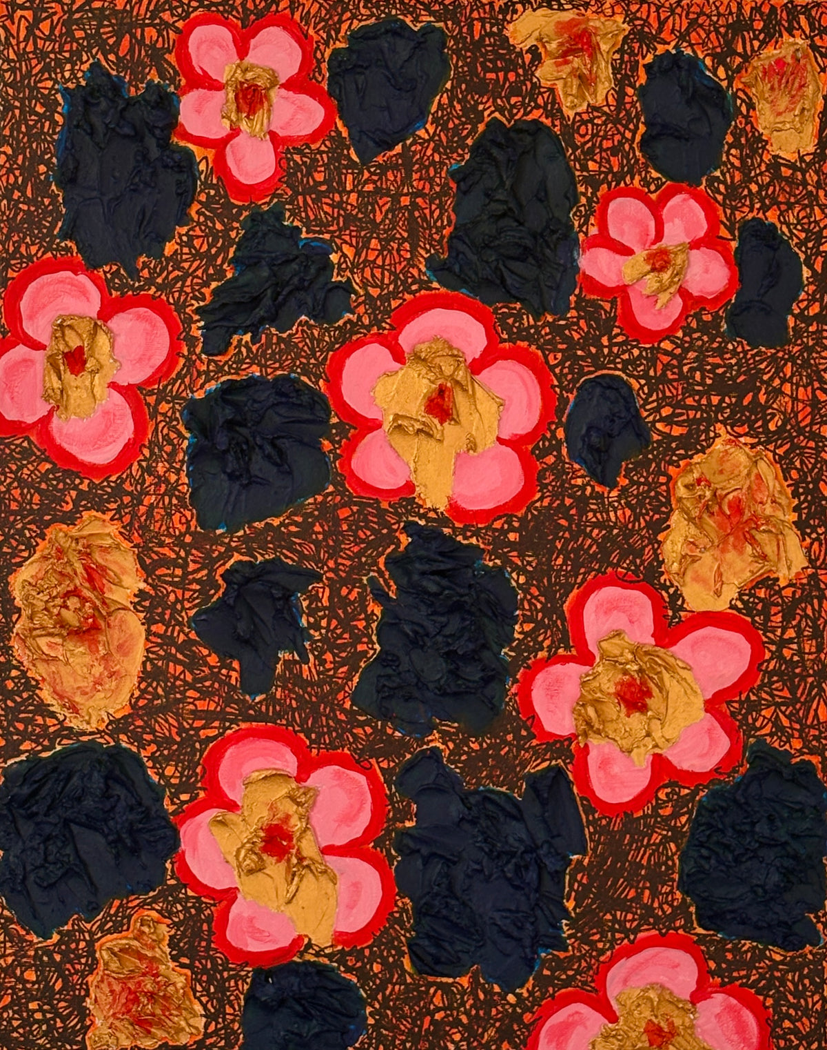 It is printed on Somerset Velvet Fine Art Paper that has a subtle texture. This piece includes abstract multicolored clusters, pop art like flowers with a gold-colored core, a red dot in the middle of the core, and an orange limewash background with abstract line art laying over the background.