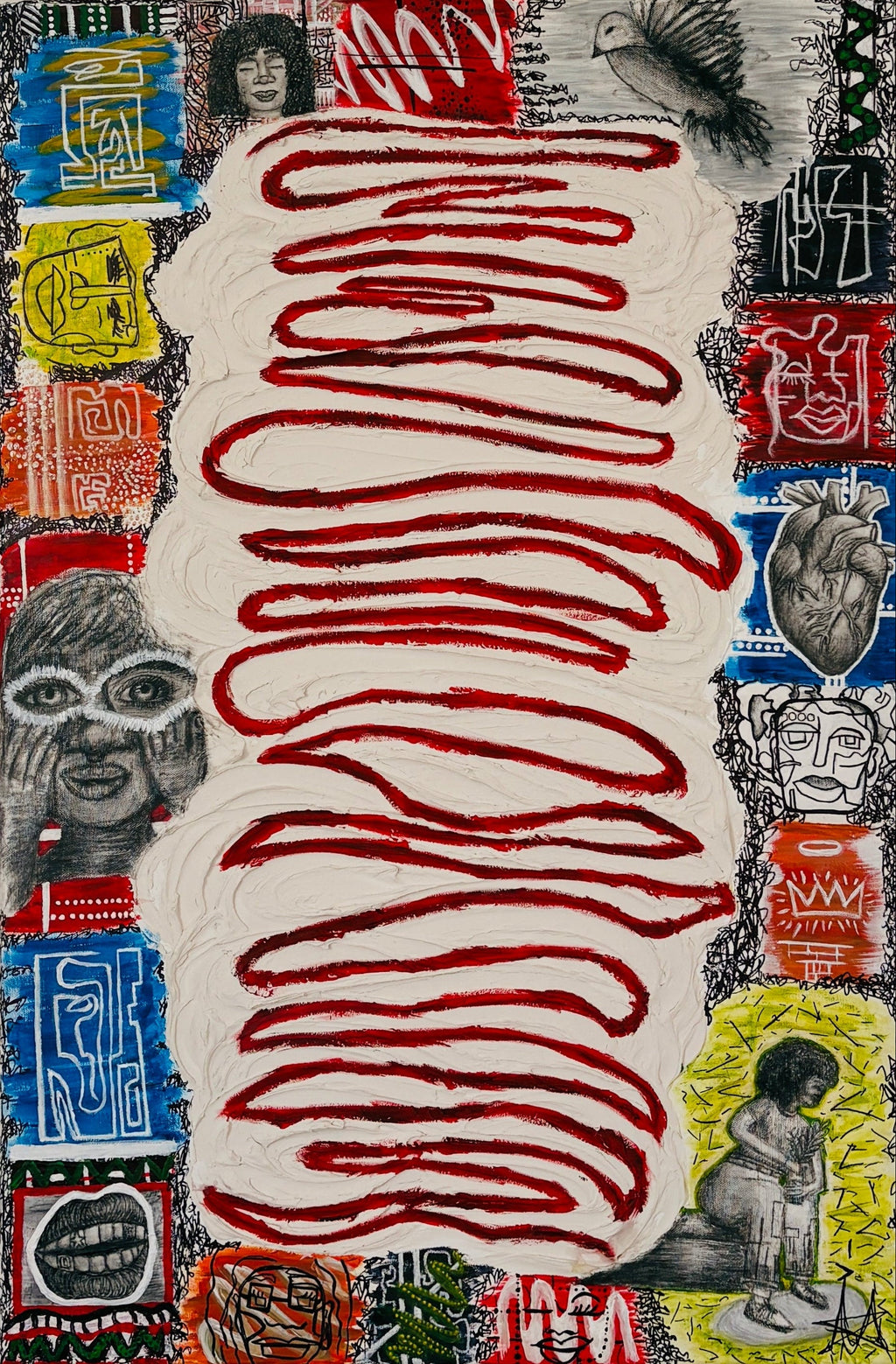 A mixed-media collage art piece featuring abstract paint designs, sketches layered on top of select sections of the collage, and a depiction of real-life textured art in the middle of the piece with a dark red wavy line traveling across and all the way down through the texture. Some of the design/elements in this piece include an anatomical drawing of a heart, a dove, and mouth with grills, three different faces drawn in different styles, and of a female sitting on a bench.