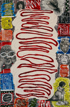 A mixed-media collage art piece featuring abstract paint designs, sketches layered on top of select sections of the collage, and a depiction of real-life textured art in the middle of the piece with a dark red wavy line traveling across and all the way down through the texture. Some of the design/elements in this piece include an anatomical drawing of a heart, a dove, and mouth with grills, three different faces drawn in different styles, and of a female sitting on a bench.
