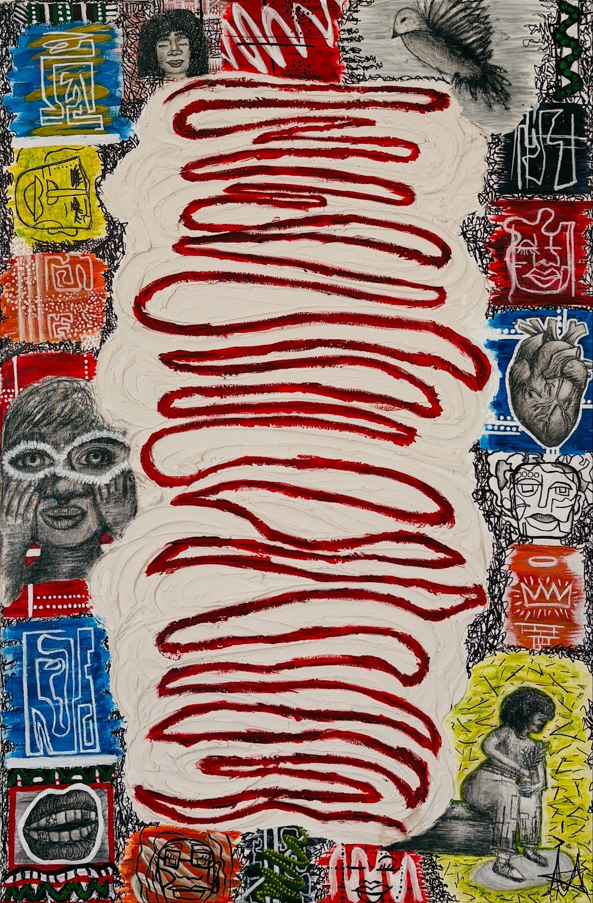 A mixed-media collage art piece featuring abstract paint designs, sketches layered on top of select sections of the collage, and a depiction of real-life textured art in the middle of the piece with a dark red wavy line traveling across and all the way down through the texture. Some of the design/elements in this piece include an anatomical drawing of a heart, a dove, and mouth with grills, three different faces drawn in different styles, and of a female sitting on a bench.