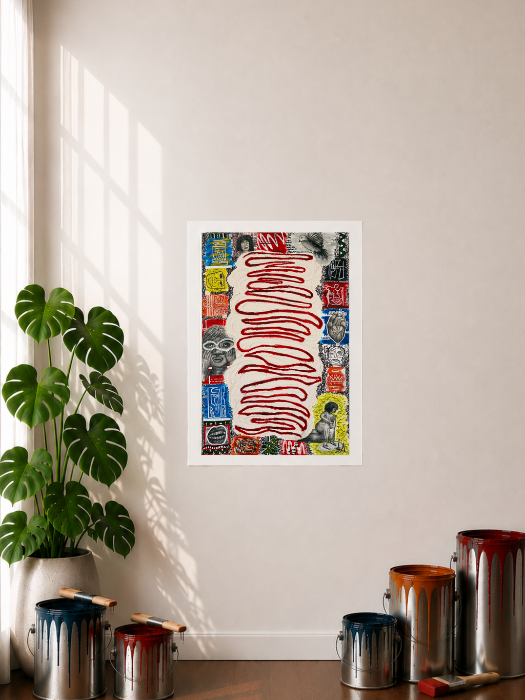 A Paper Print featuring a mixed media art piece displayed hanging on a wall in a room with a plant, paint cans, and window shadows in the display. The art image has abstract paint designs, sketches layered on top of select sections of the collage, and a depiction of real-life textured art in the middle of the piece with a dark red wavy line traveling across and all the way down through the texture.