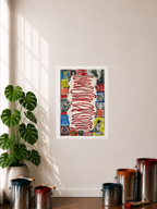 A Paper Print featuring a mixed media art piece displayed hanging on a wall in a room with a plant, paint cans, and window shadows in the display. The art image has abstract paint designs, sketches layered on top of select sections of the collage, and a depiction of real-life textured art in the middle of the piece with a dark red wavy line traveling across and all the way down through the texture.