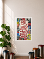 A Poster Print featuring a mixed media art piece displayed hanging on a wall in a room with a plant, paint cans, and window shadows in the display. The art image has abstract paint designs, sketches layered on top of select sections of the collage, and a depiction of real-life textured art in the middle of the piece with a dark red wavy line traveling across and all the way down through the texture.