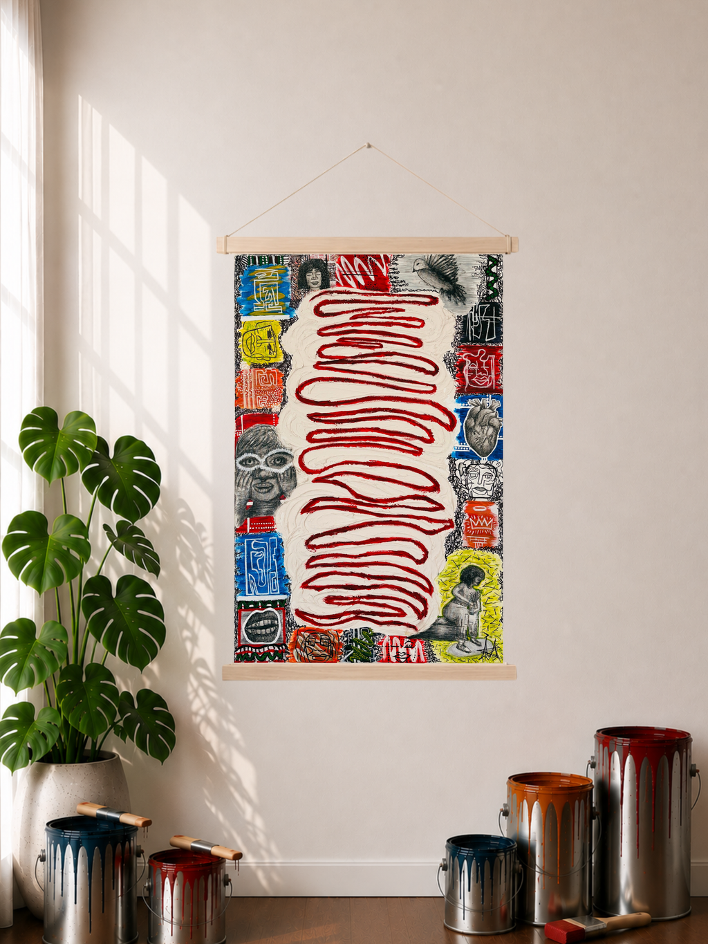 A Rolled-out Canvas print featuring a mixed media art piece displayed hanging on a wall with support from a wooden poster hanger styled in a room with a plant, paint cans, and window shadows in the display. The art image has abstract paint designs, sketches layered on top of select sections of the collage, and a depiction of real-life textured art in the middle of the piece with a dark red wavy line traveling across and all the way down through the texture.