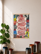 A Rolled-out Canvas print featuring a mixed media art piece displayed hanging on a wall with support from a wooden poster hanger styled in a room with a plant, paint cans, and window shadows in the display. The art image has abstract paint designs, sketches layered on top of select sections of the collage, and a depiction of real-life textured art in the middle of the piece with a dark red wavy line traveling across and all the way down through the texture.