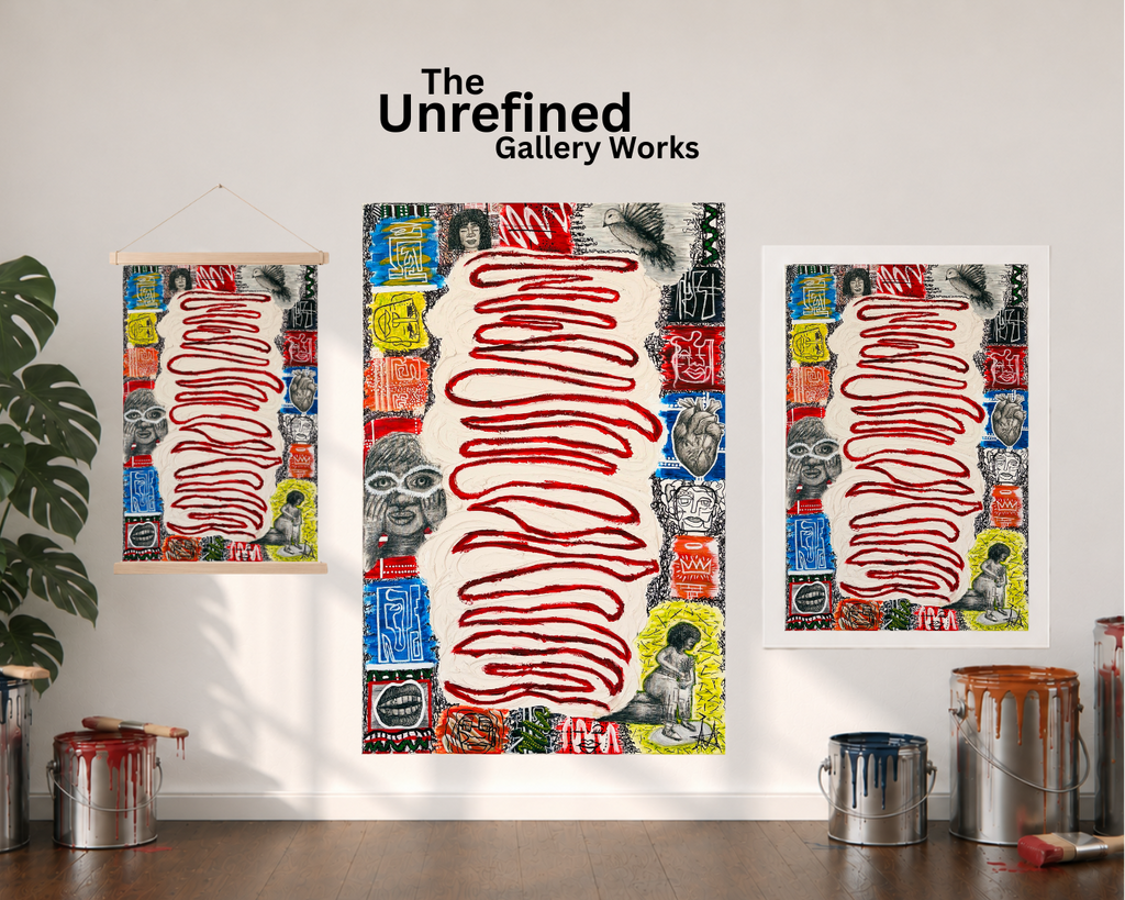 A poster, paper print, and a rolled-out canvas version of the "Meaning" art piece —are displayed side by side on a white wall next to an open window with a curtain on the left-hand side, a plant, paint cans, and the company logo positioned above the artwork display.