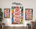 A poster, paper print, and a rolled-out canvas version of the "Meaning" art piece —are displayed side by side on a white wall next to an open window with a curtain on the left-hand side, a plant, paint cans, and the company logo positioned above the artwork display.