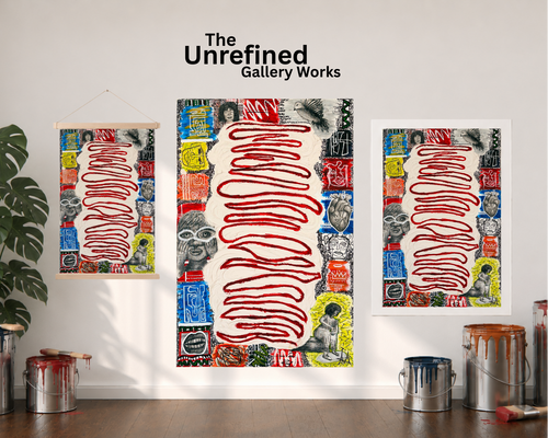 A poster, paper print, and a rolled-out canvas version of the "Meaning" art piece —are displayed side by side on a white wall next to an open window with a curtain on the left-hand side, a plant, paint cans, and the company logo positioned above the artwork display.
