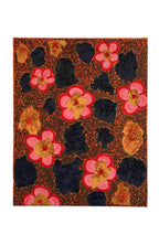 Art image with blue abstract clusters laying on top of an orange background with black abstract line art. There are also gold-colored abstract clusters that have a red dot stroke like accent in the middle of each cluster. Another element is the pop art pink flowers with a red border on the petals and a gold core with a red dot.