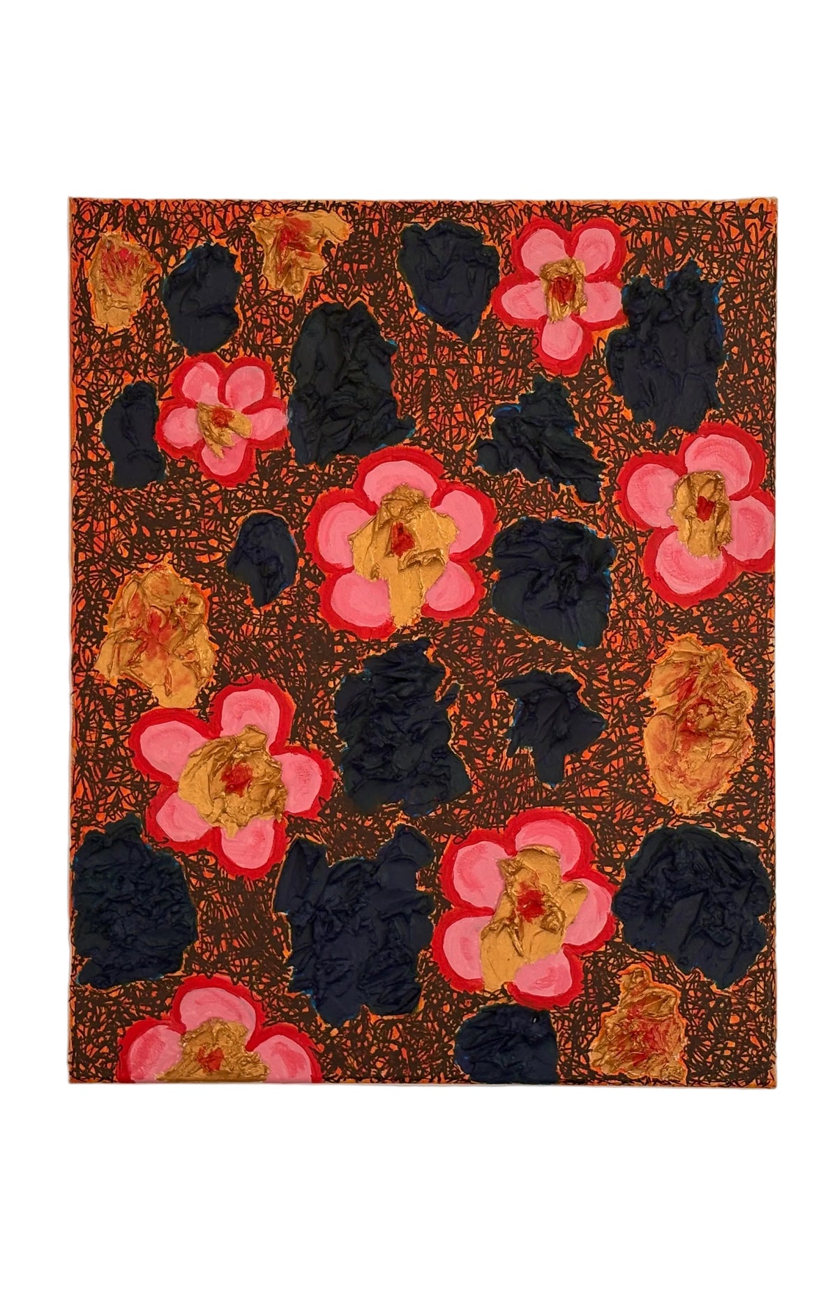 Art image with blue abstract clusters laying on top of an orange background with black abstract line art. There are also gold-colored abstract clusters that have a red dot stroke like accent in the middle of each cluster. Another element is the pop art pink flowers with a red border on the petals and a gold core with a red dot.