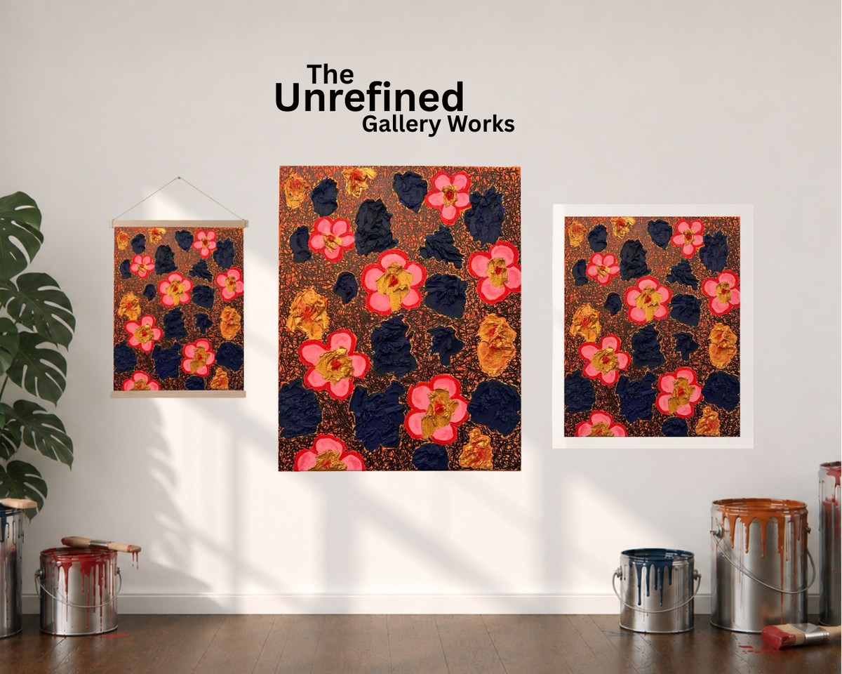 A poster, paper print, and a rolled-out canvas version of the "No Limits" art piece —are displayed side by side on a white wall next to an open window with a curtain on the left-hand side, a plant, paint cans, and the company logo positioned above the artwork display.