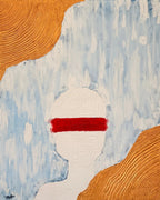 An abstract canvas painting featuring a patterned white silhouette with a bold red horizontal stripe across the middle, set against a blue and white limewash background with an organic texture-like design in the top left as well as the bottom right-hand corner of the piece. 