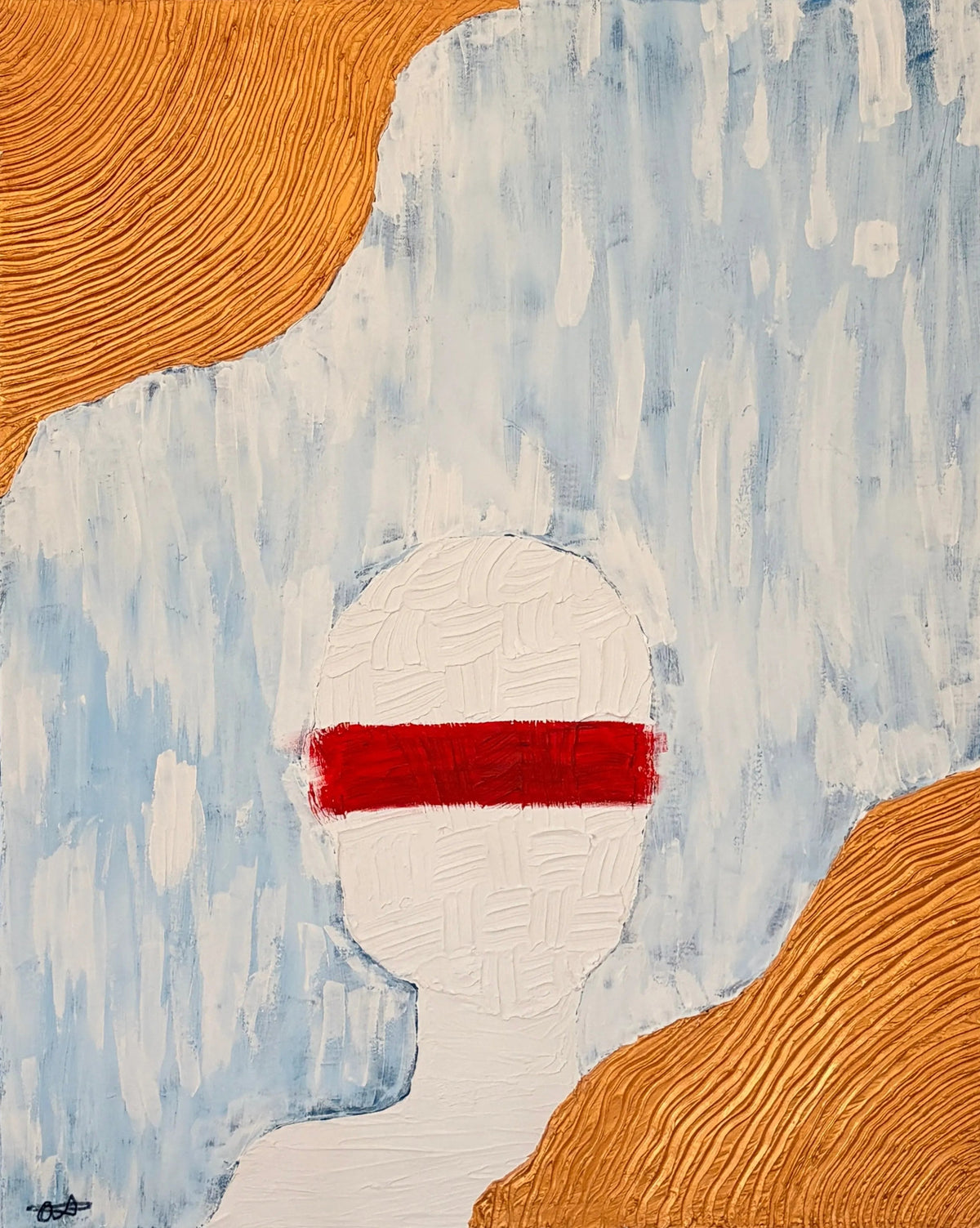 An abstract canvas painting featuring a patterned white silhouette with a bold red horizontal stripe across the middle, set against a blue and white limewash background with an organic texture-like design in the top left as well as the bottom right-hand corner of the piece. 