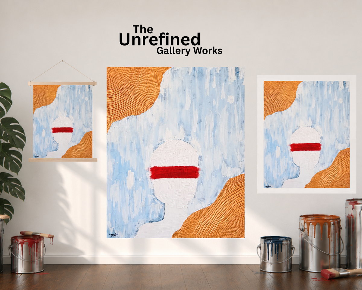 A poster, paper print, and a rolled-out canvas version of the "Tainted Vision" art piece —are displayed side by side on a white wall next to an open window with a curtain on the left-hand side, a plant, paint cans, and the company logo positioned above the artwork display.