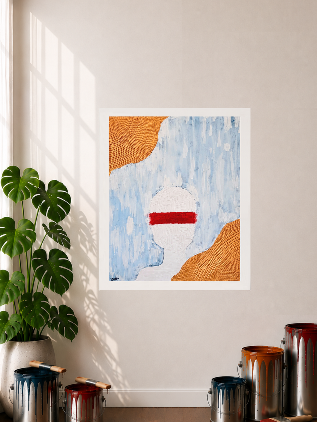 A Poster Print featuring a mixed media art piece displayed hanging on a wall in a room with a plant, paint cans, and window shadows in the display. The art image has a blue and white limewash background with gold textured way like accents on the upper left corner and the lower right corner of the piece. It also features a white head to lower shoulder silhouette of a person made up of a depicted texture like pattern that has a red paint brush streak that lays over the eyes to ears.