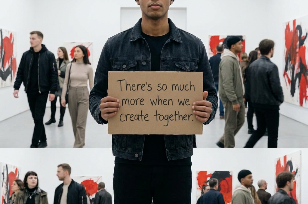 A man in a black denim jacket and black pants stands in an art gallery holding a cardboard sign that reads, 'There's so much more when we create together.' The background shows a white gallery space with other people walking and red abstract paintings on the walls.
